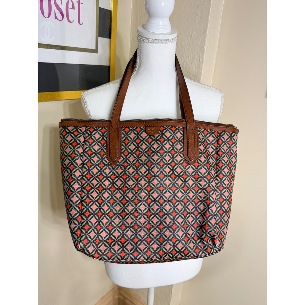 Fossil Rachel Tote Bag Geometric Floral Print PVC Leather Trim Red Brown Large